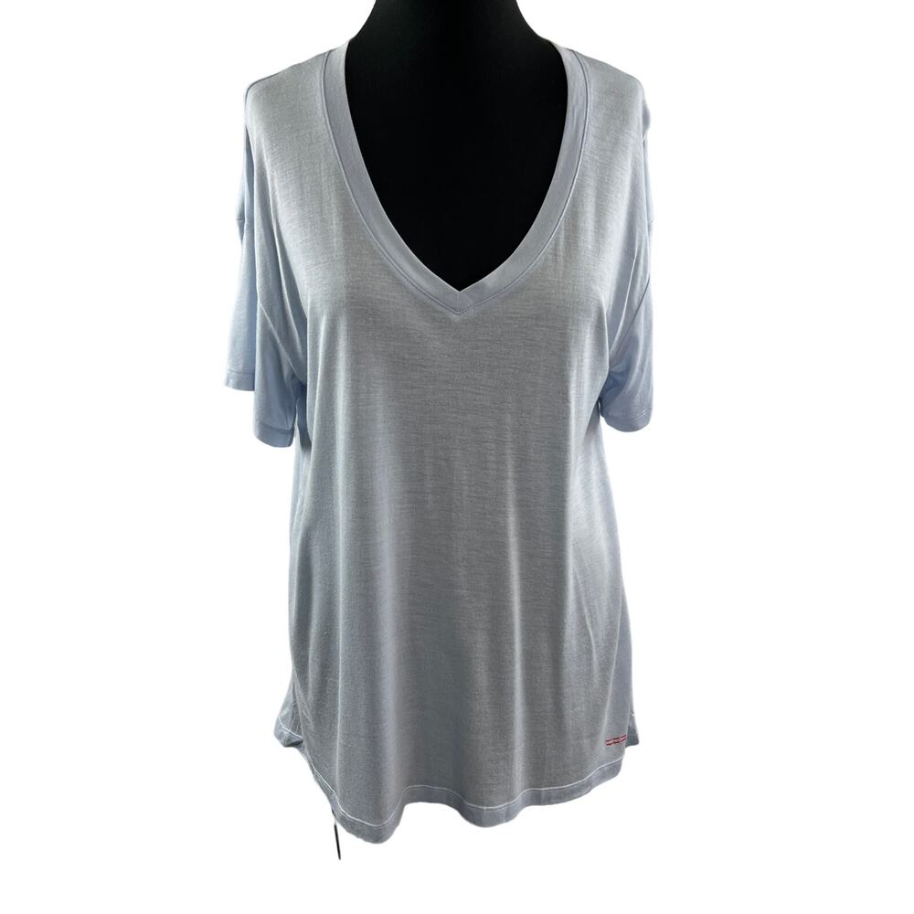 Peace Love World Short Sleeve T-Shirt Blue V-Neck Relaxed Fit Pullover Size S